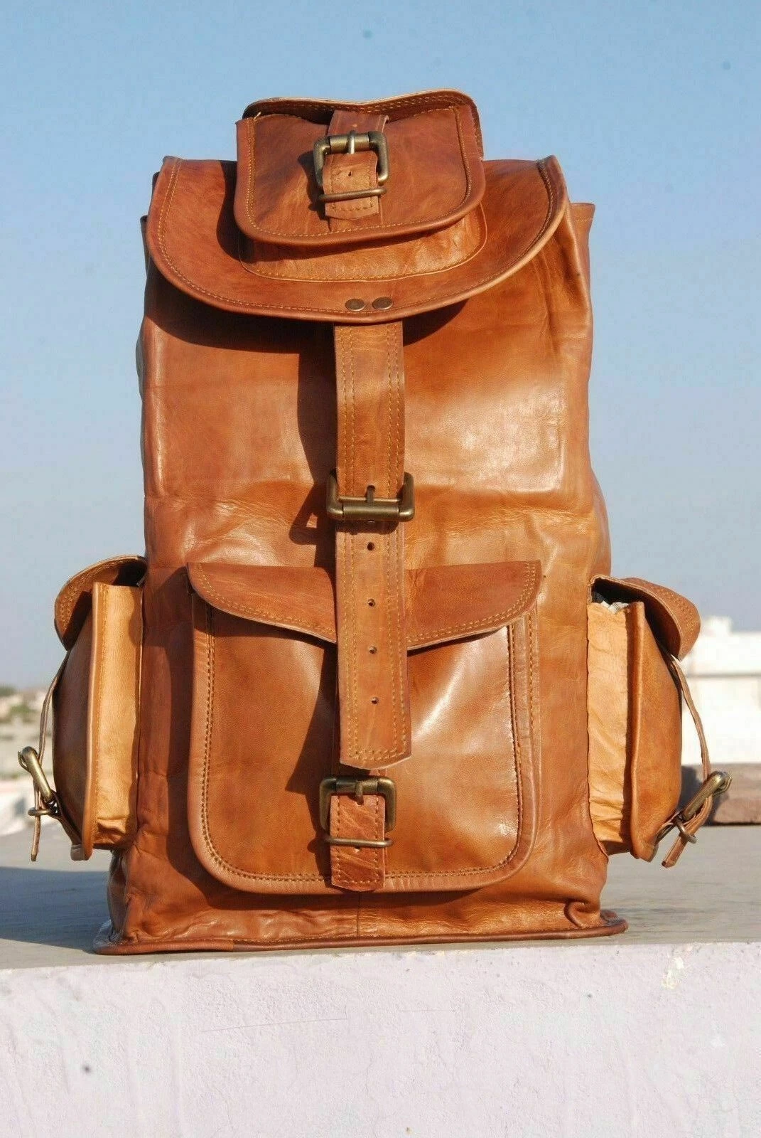 Men's Brown Travel Shoulder Leather Backpack Genuine Vintage Rucksack Large Bag