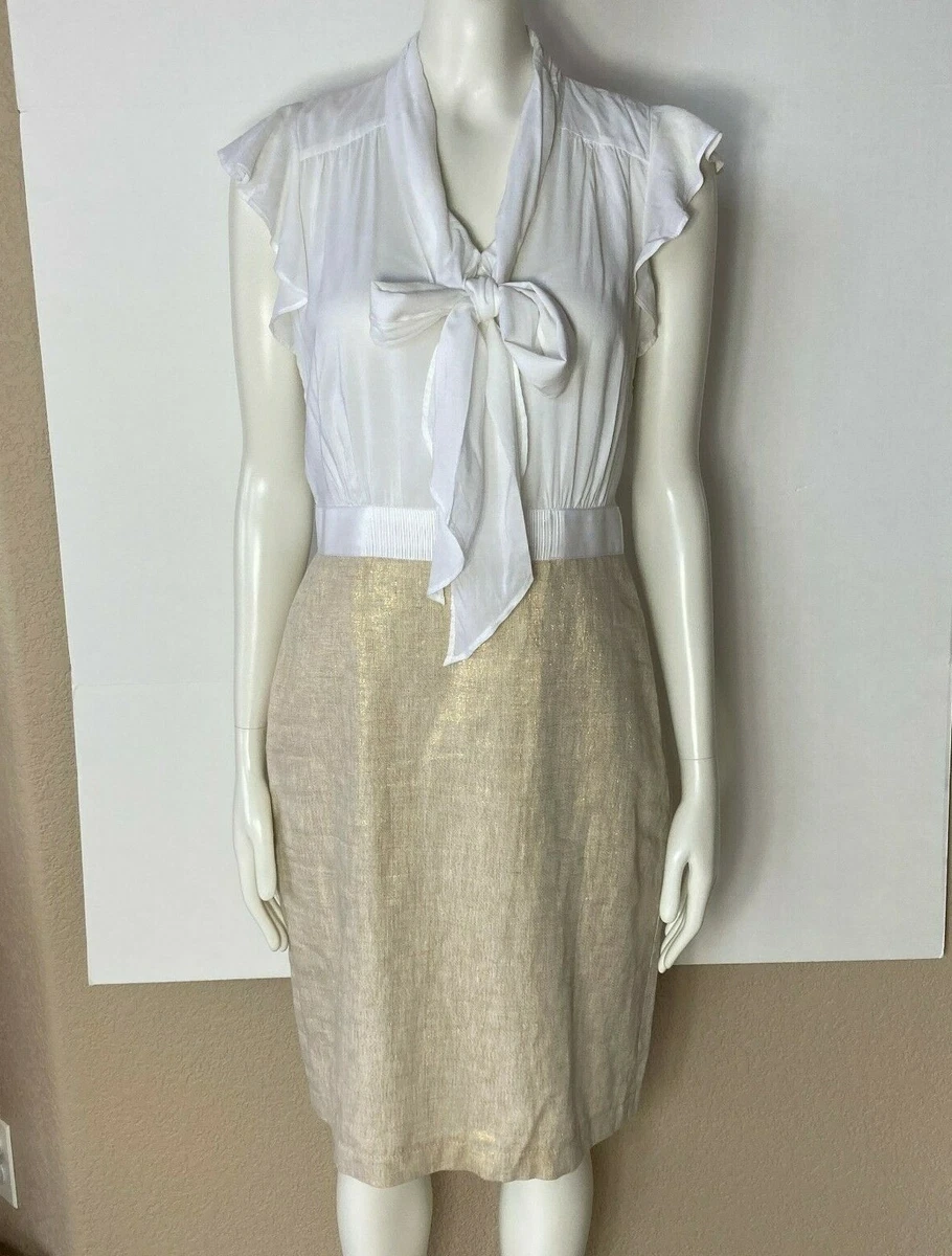 ANN TAYLOR LOFT SZ 4 RUFFLE CAP SLEEVE WHITE BLOUSE TOP with GOLD