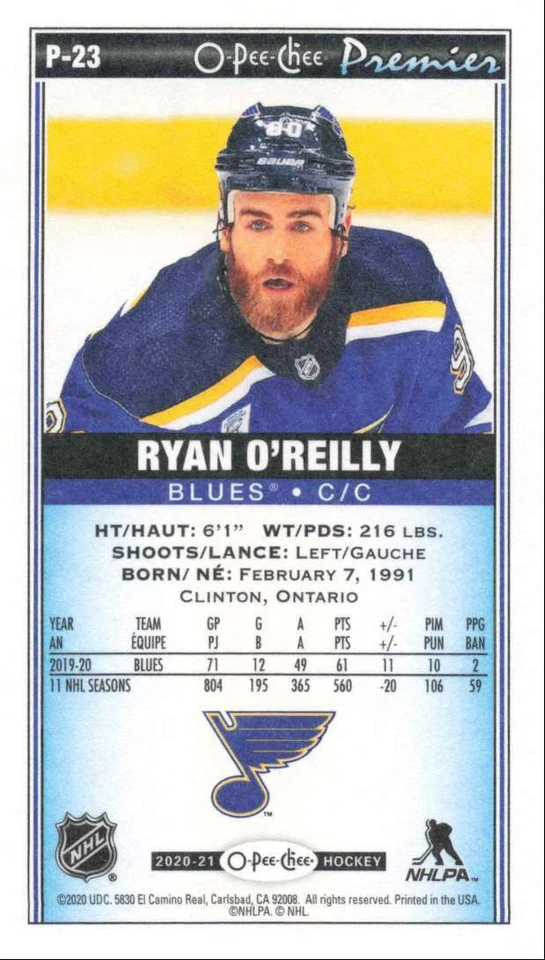 2020-21 O-Pee-Chee Premier Tallboys Ryan O'Reilly St. Louis Blues #P-23 - Image 2 of 2