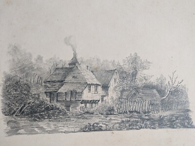 Antique Original graphite & charcoal drawing by John West village scene 1824