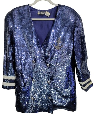 Vintage Modi Women's Sequin Blazer Silk 80's Sailor Navy Blue Shoulder Pads Glam