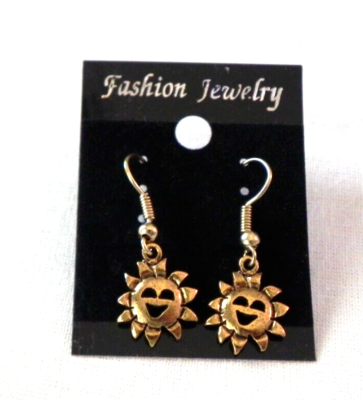 SMILEY SUN earrings small gold tone drop dangle hook smiling happy