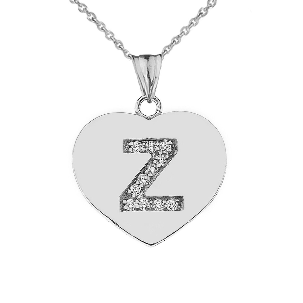925 Sterling Silver CZ Initial Letter Z Heart Pendant Necklace