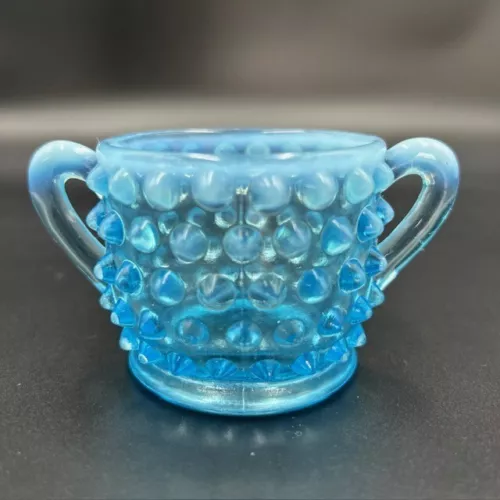 Vintage Fenton Blue Opalescent Hobnail Candy Dish/Bowl, Top Hat, Bud Vase, Cups