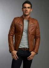 Men Leather Motorcycle Genuine Leather Brown Biker Bomber Jacket XS-2XL FB207