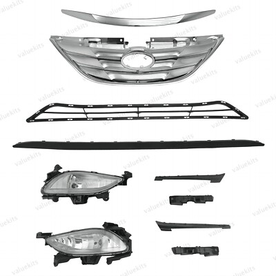 10PC For Sonata 2011-2014 Front Bumper Grille Mesh Molding Trim Fog lights Kit