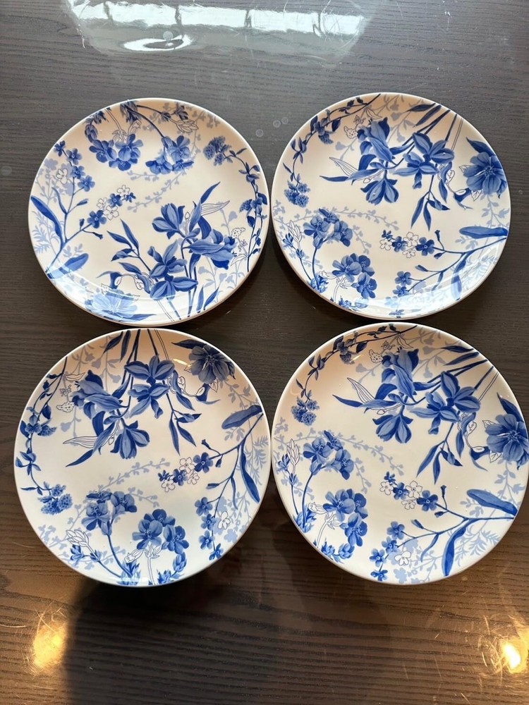 Sonemone Ink Flower Round Salad Plates, 8.75 inch Ceramic Plates Set of 4 NIB