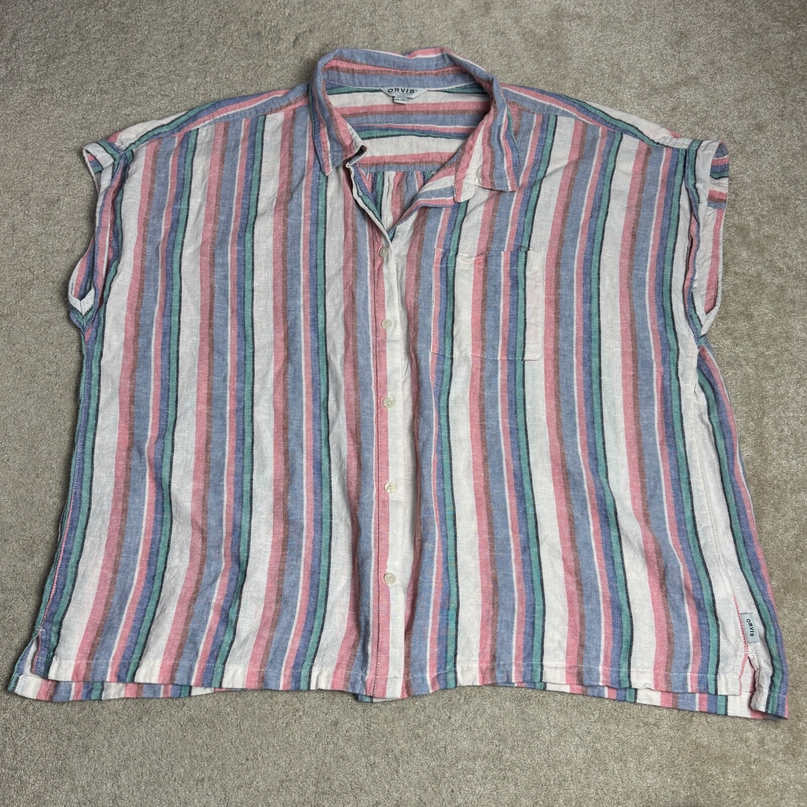 Orvis Womens Linen Blend Button Up Shirt Striped Pink Blue Short Sleeve XXL