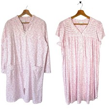 Miss Elaine Pink White Floral Nightgown Pajama Dress And Robe Set Cottage L/XL