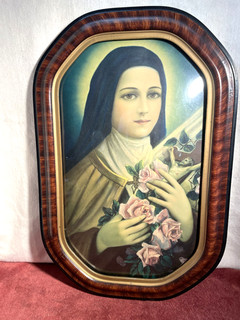 Antique Oval Convex Bubble Glass St. Theresa Religious Wooden Tiger Frame
