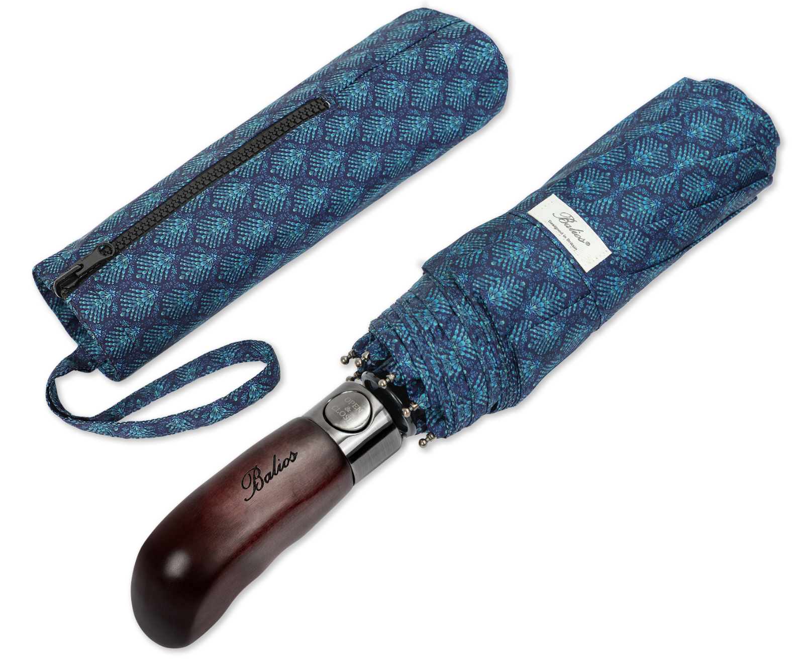 Balios Vented Canopy Umbrella Wood Handle Auto Open & Close Cypress Leaves Blue