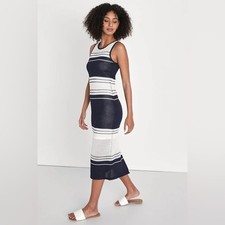 NWT Lulus Mornings in Mykonos Navy/White Striped Knit Midi Dress Womens Sz Small