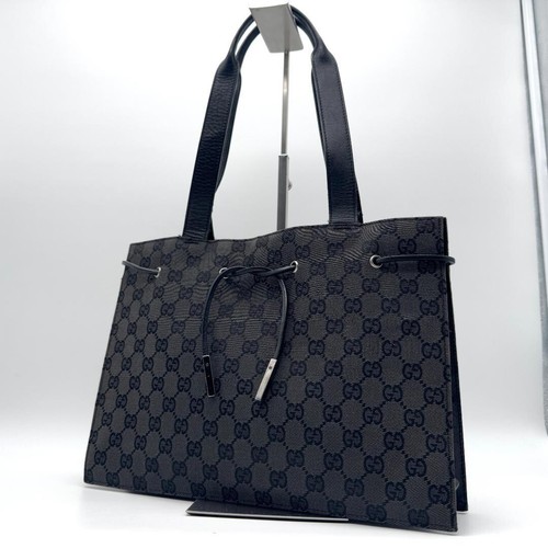 Gucci Tom Ford GG Canvas Ribbon Tote Bag Leather Charm Vintage Auth