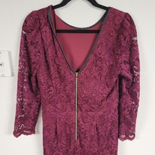 Cache Lace Zipper Front Midi Dress Burgundy Long Sleeve V Neck L