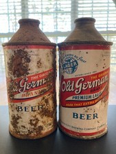 (2) Old German (Brand) Beer, HP CTs TO, Empty Outdoor Cans, Holes, Fading, Dents