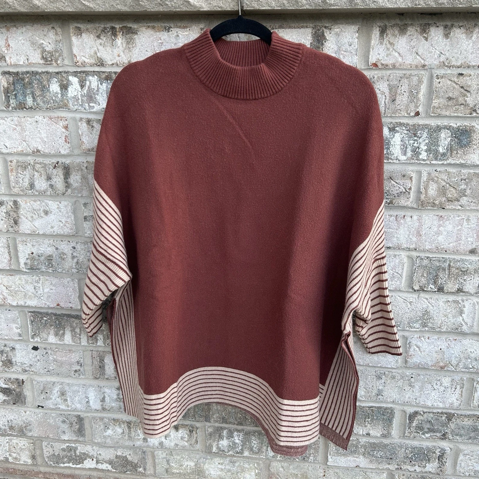 Cocobleu Women’s S/M Poncho Sweater Burnt Orange and Cream Stripes Long Sleeve