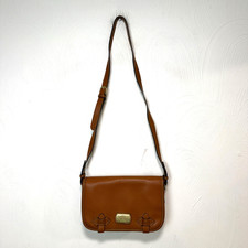 Vintage Rivage Brown Leather Crossbody Bag Brass Emblem Magnetic Boho Western