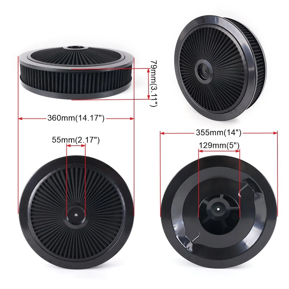 14" X 3" Black Round High Flow Thru Washable Air Cleaner Drop Base For SBC BBC Foto 2 de 4