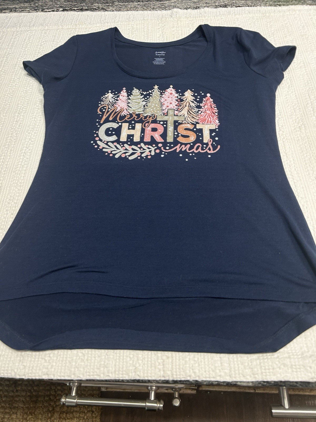 “Merry Christmas” Navy Blue Women’s Tunic Shirt Jennifer Lauren Size Large Pink