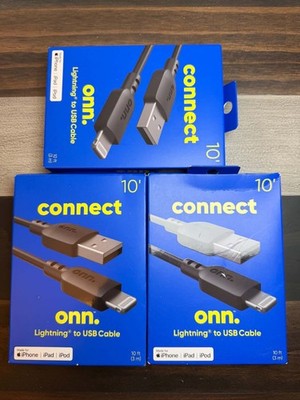 3 Pack-ONN 10' USB Fast Charge Cable For iPhone iPad iPod- Black