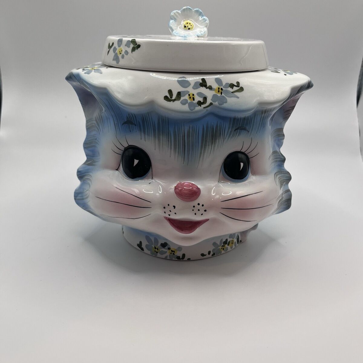 Lefton Miss Priss Kitty Cat Cookie Jar #1502 Blue White Lefton Miss Priss Kitty Cat Cookie Jar #1502 Blue White