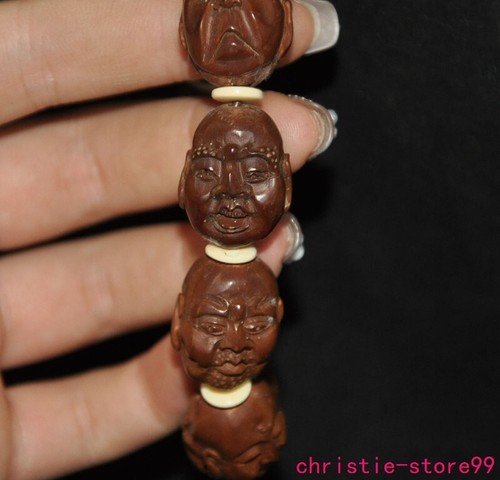 4.4"old China Ancient Olive Carved 18 Arhat Buddha Amulet Bracelet Statue - Picture 6 of 10