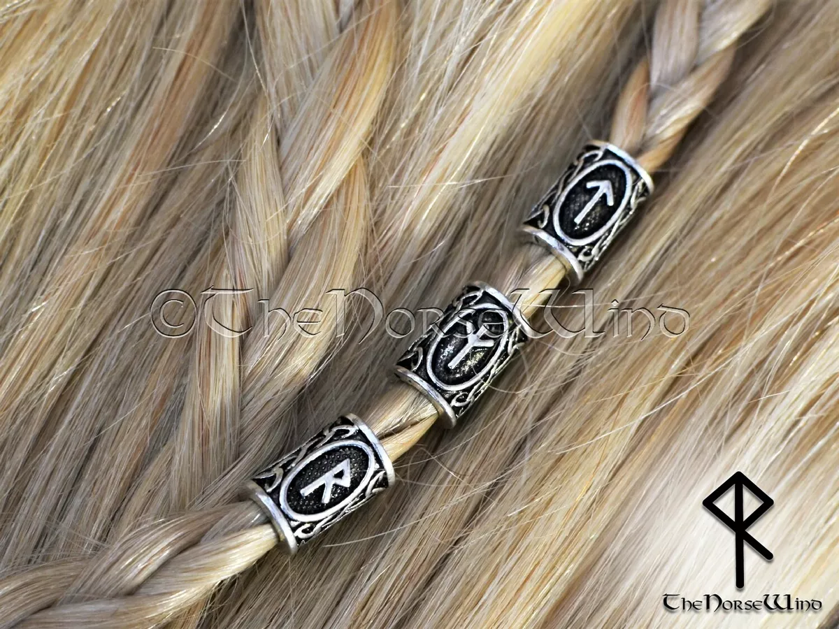 Viking Beard Beads | Futhark Runes Hair Rings, Silver - TheNorseWind Wunjo