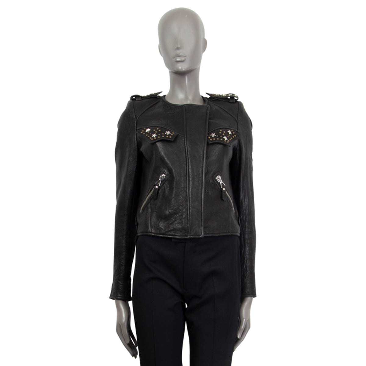 65996 auth ISABEL MARANT black leather STUDDED BIKER Jacket 36 XS