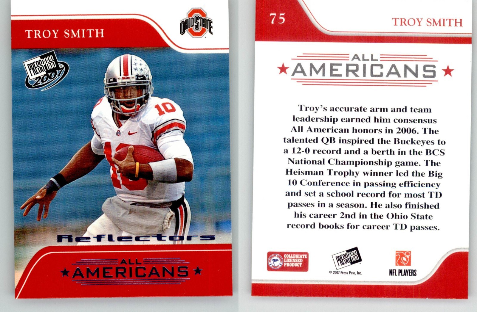 Troy Smith Press Pass #75 Reflectors Blue