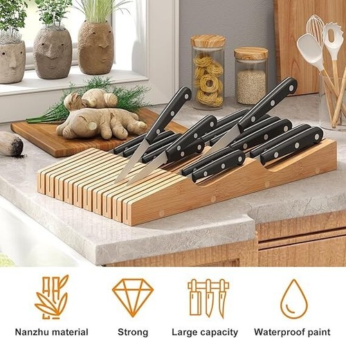 Bamboo Knife Block Holder, In-Drawer Knife Drawer Organizer-Protecting Knife - 第 1/10 張圖片