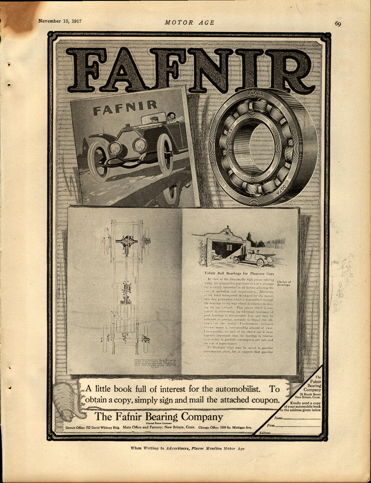1917 Fafnir Bearing Company Ad New Britain, Connecticut Nice Artwork