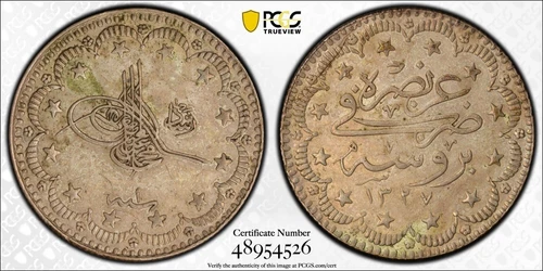TURKEY - OTTOMAN , 5 KURUSH MOHAMED V 1327/1 AH BURSA - PCGS AU 58 , RAREL