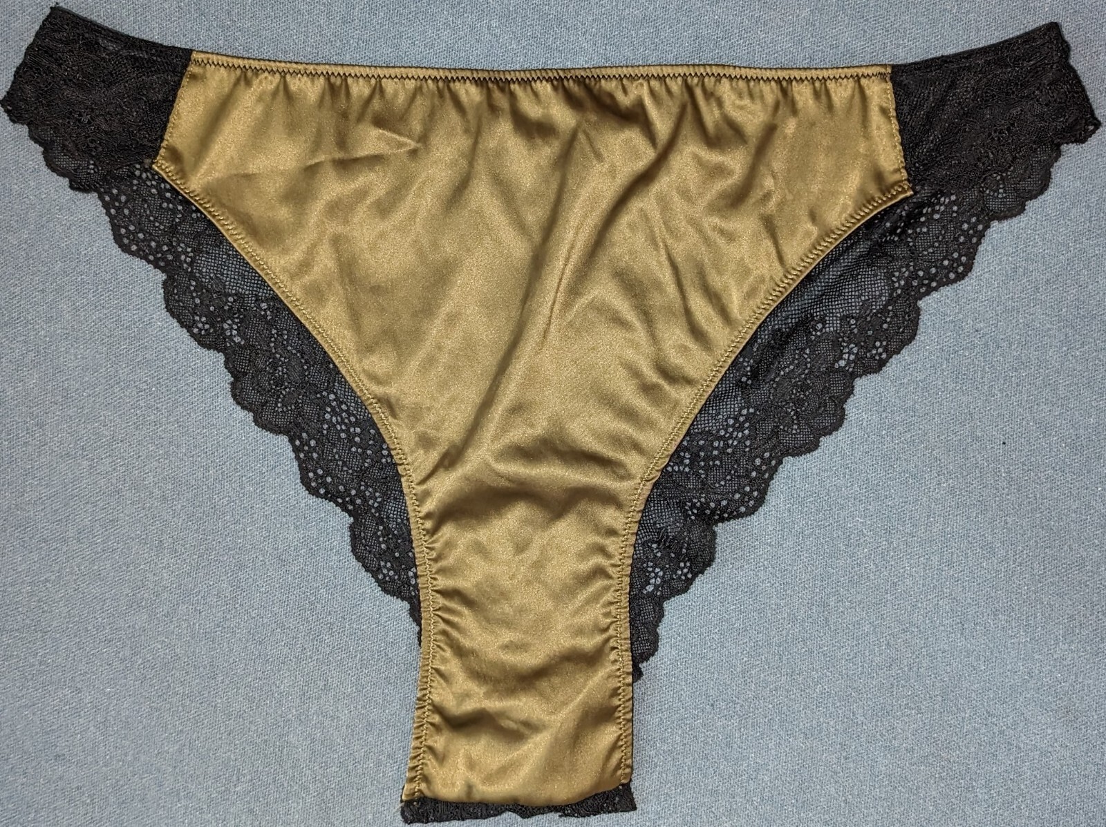 Plus Size Bronze Stretch Satin & Black Stretch Lace Hi Cut Cheeky