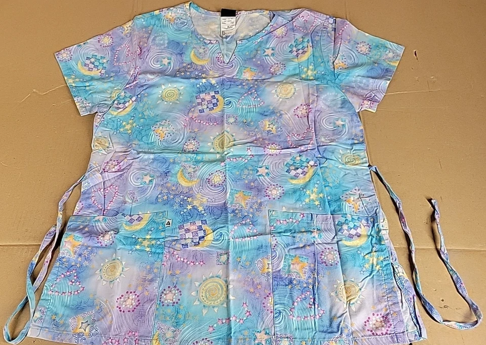 Sun Moon & Stars Simply Basic Medium Scrub Top turquoise ocean blue & lavender - Image 3 of 4