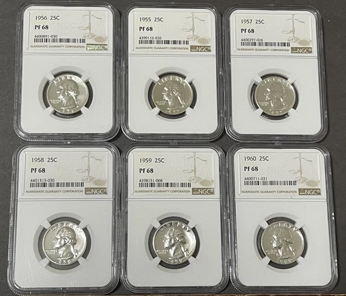 1955 - 1960 25C Washington Silver Quarter Ngc PF68 Lot of 6 Nice Luster