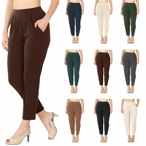 Womens Pleated High Rise Elastic Waist Ankle Pants w/ Pockets