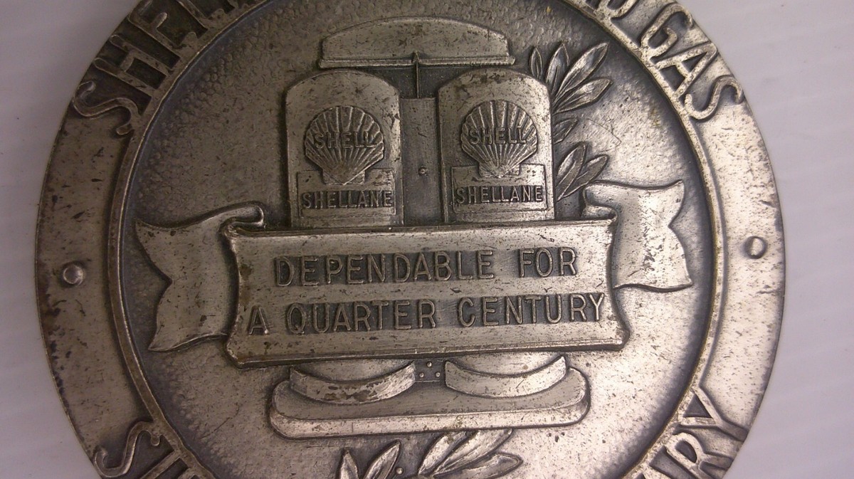 vintage Shell oil co Shellane bottle gas Silver anniversary metal