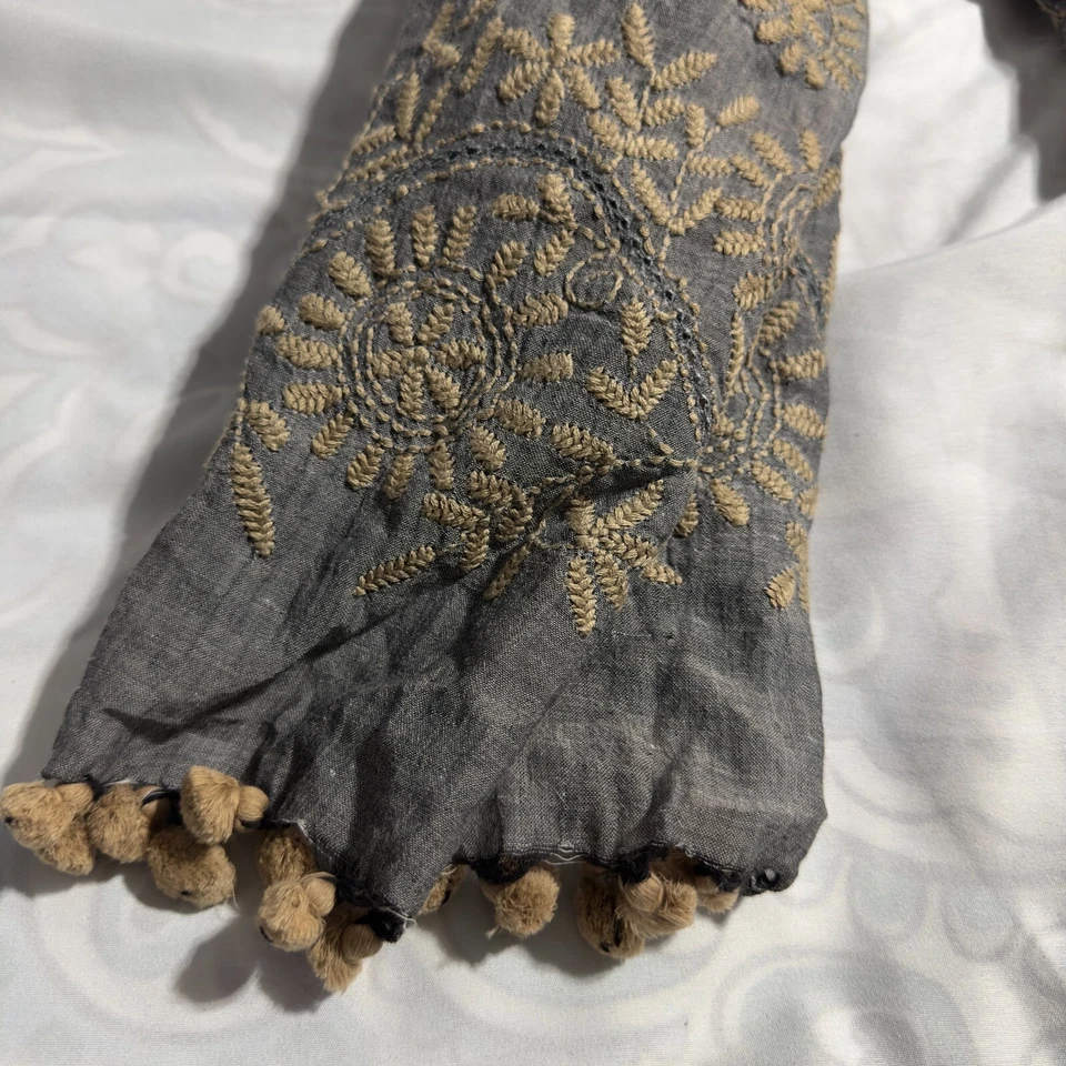 Indigo Handloom Soul Scarf Gray Beige Embroidered Paisley Floral 70x32" Pom Poms - Image 2 of 4