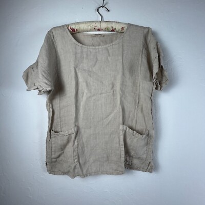 Francesca Bettin Women 100% Linen Short Sleeve Pocket Top Blouse Large Tan Italy
