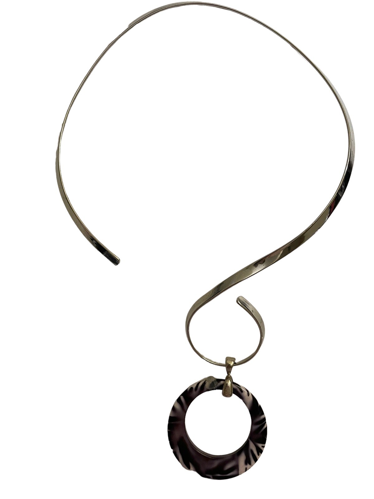 Silver Tone Torque Abstract Twisted Necklace Tortoiseshell Black White