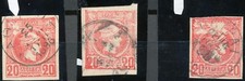 GRIECHENLAND 1889/98 kleiner Hermeskopf 20 L karmin, 3 gest. Pra.-Stücke ABARTEN