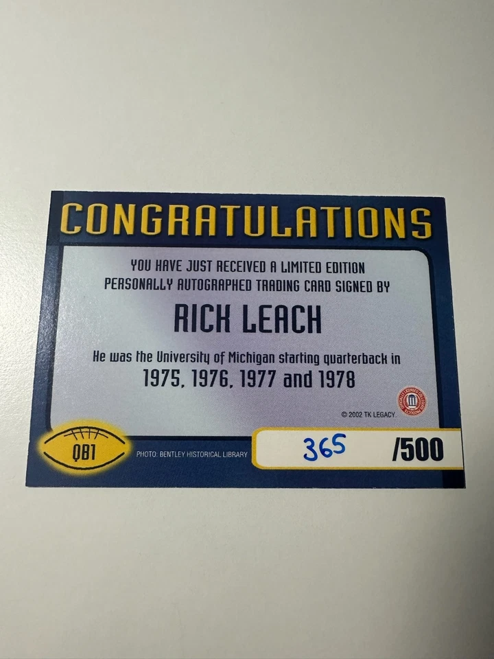 2002 TK Legacy Michigan Rick Leach Quarterback Club Auto /500 #QB1 SP - Image 2 of 2