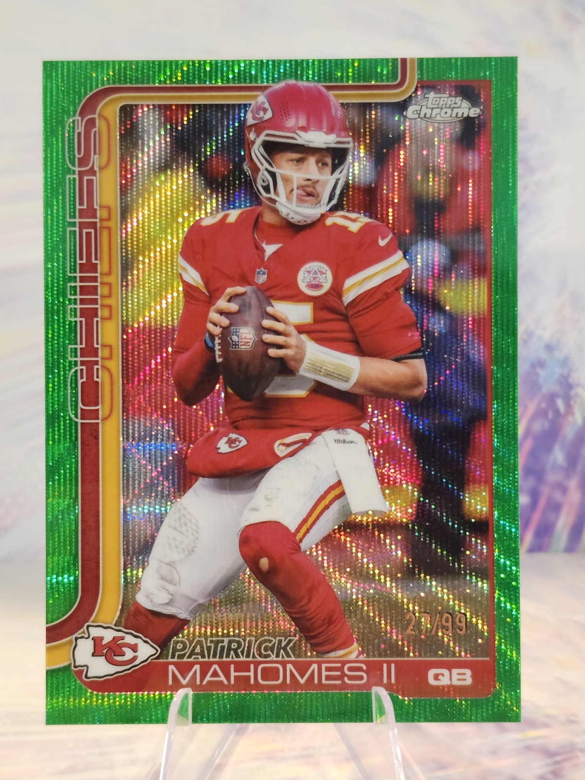 Patrick Mahomes II 2025 Topps Chrome Green Wave Refractor /99 Chiefs #148