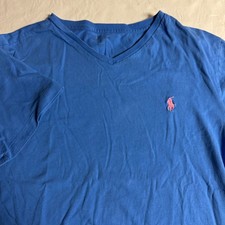 Polo Ralph Lauren Mens V-Neck T-Shirt Blue Pink Pony Logo Cotton Size M