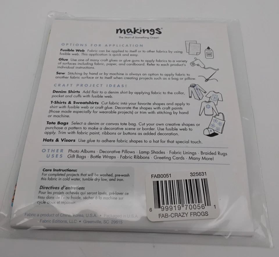 Makings Craft Fabric 100% Cotton 1 Piece 18" x 21" Frogs Flowers Butterflies - Image 2 of 2