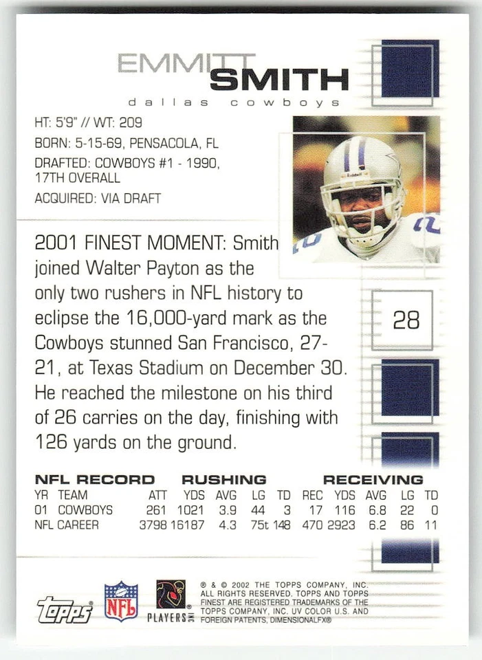2002 Finest #28 Emmitt Smith FOOTBALL Dallas Cowboys - Image 2 of 2