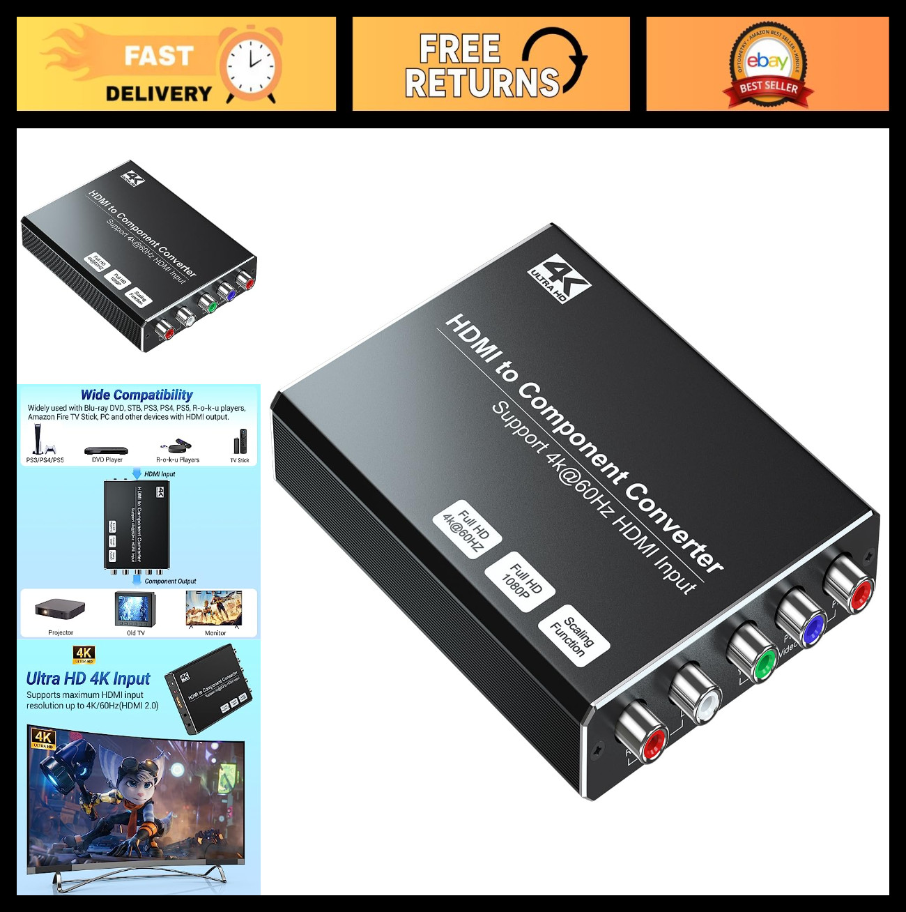 4K HDMI to Component Converter for DVD PS3 PS4 PS5 Fire TV S