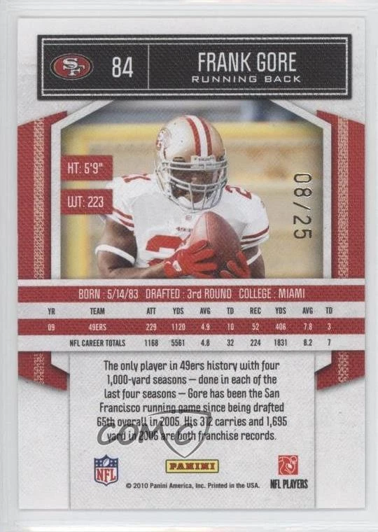 2010 Panini Classics Timeless Tributes Platinum /25 Frank Gore #84 - Image 2 of 2