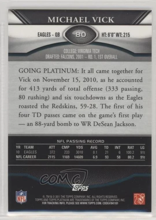 2011 Topps Platinum Gold Refractor Michael Vick #80 - Image 2 of 2