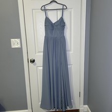 Azazie Dress Women's 2 Blue Chiffon V Neck Maxi Strappy Tie Back Formal Wedding